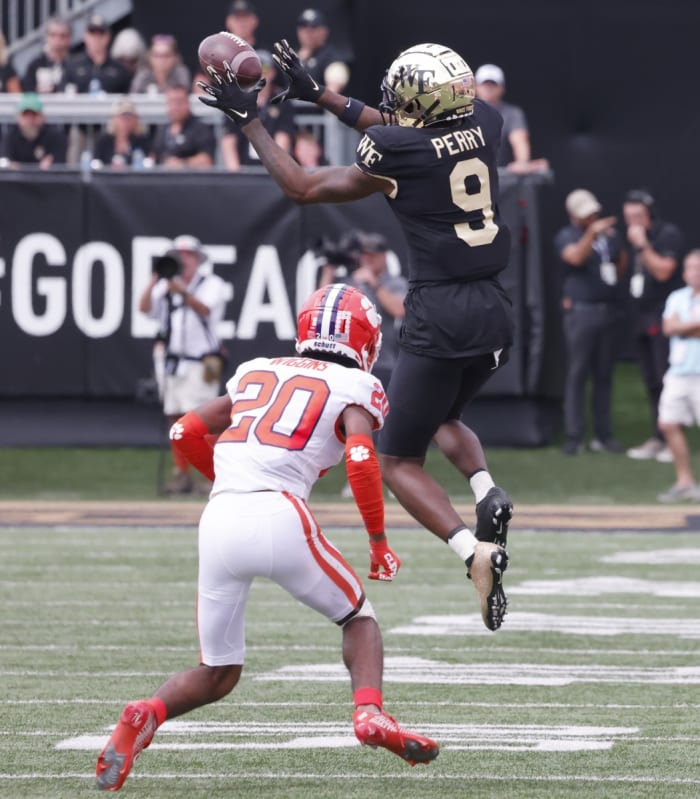 Clemson Tigers cornerback Nate Wiggins (20) defends as Wake Forest Demon Deacons receiver A.T. Perry (9) catches a pass. Mandatory Credit: Reinhold Matay-USA TODAY